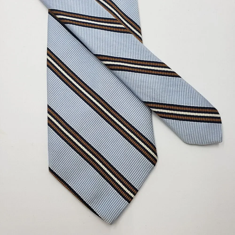 Breuer Silk Blend Tie Made In France Light Blue Brown Striped Cotton Necktie Lux